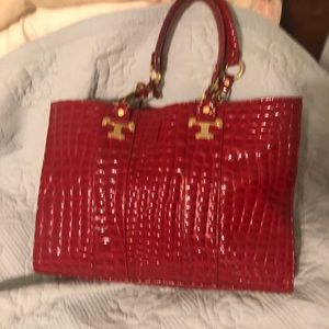 Tory Burch Jordana Tote red patent mock crocodile